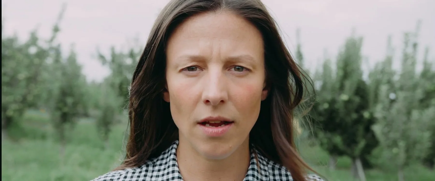 A woman faces the camera in an orchard.
