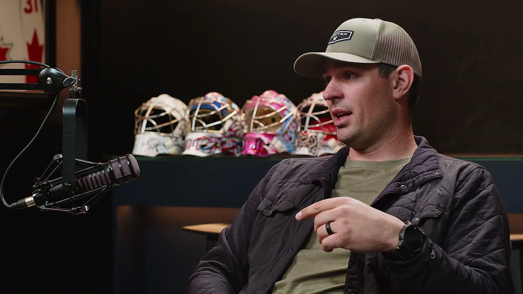 Carey Price speaks into a microphone during the UnHammered interview.