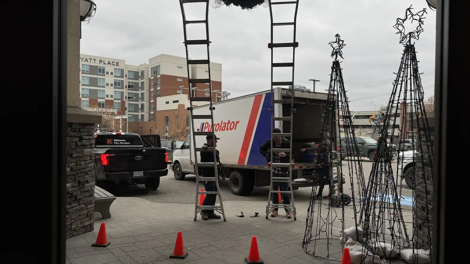 Kelowna Film Studios truck and exterior setup outside Cleopatra's Rituals.