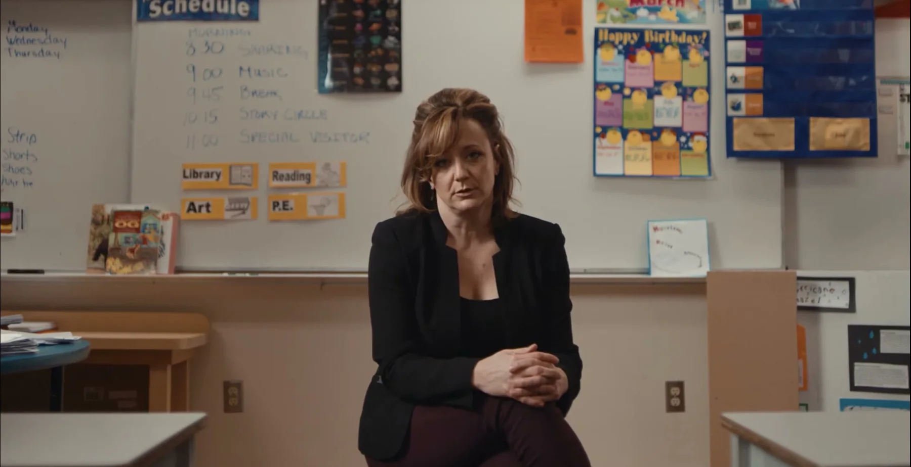 Ginny Becker speaks from a child-support classroom.