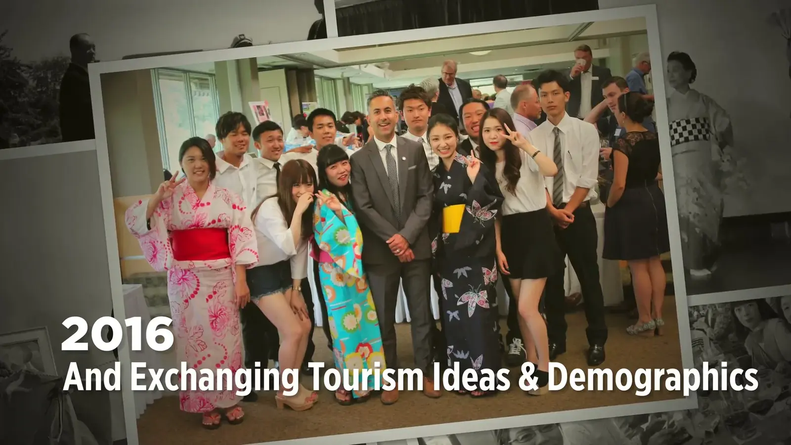 A group photograph appears beside the year 2016 and a sister-city exchange caption.