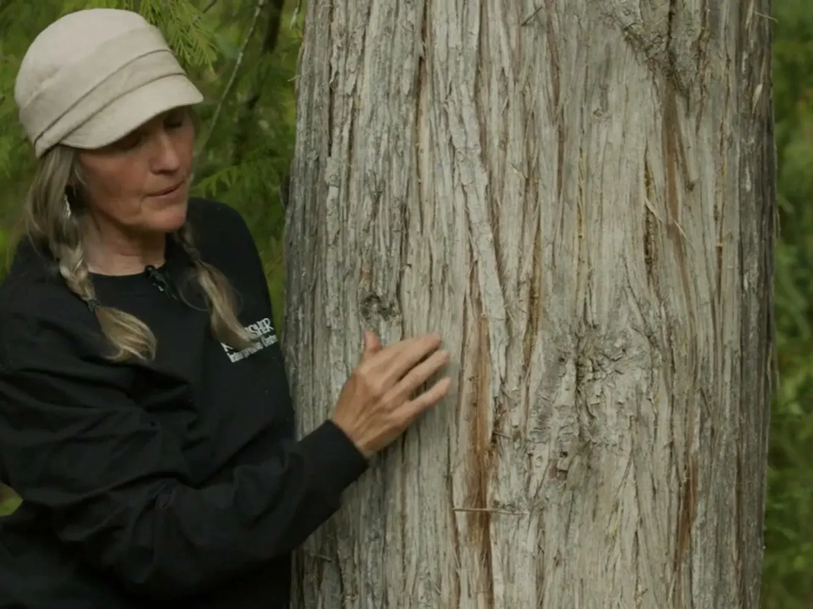 Barb Du Tot teaching tree identification beside a cedar trunk.