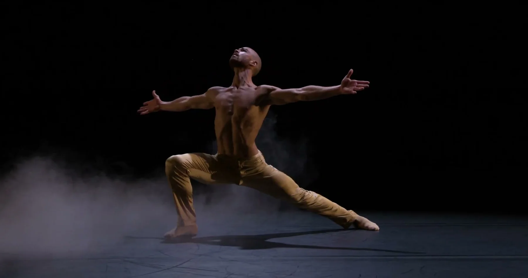 A solo dancer holds a deep lunge beside low stage haze.