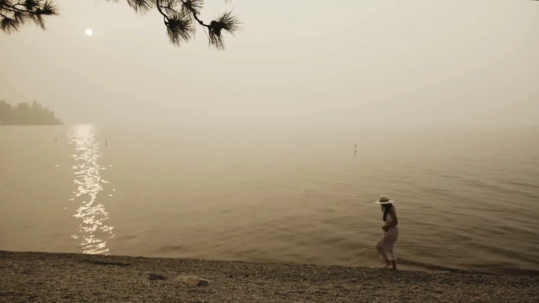 A lone woman walks along a hazy lakeshore.