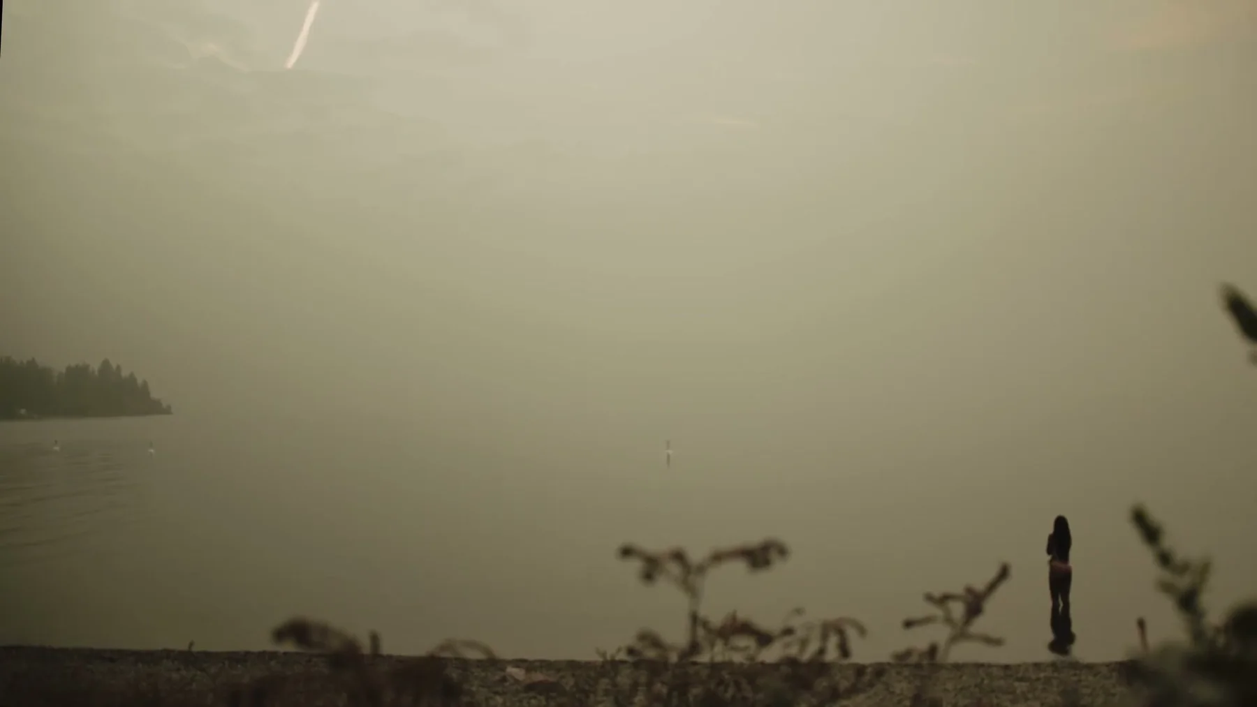A lone figure stands on a distant lakeshore beneath a hazy sky.