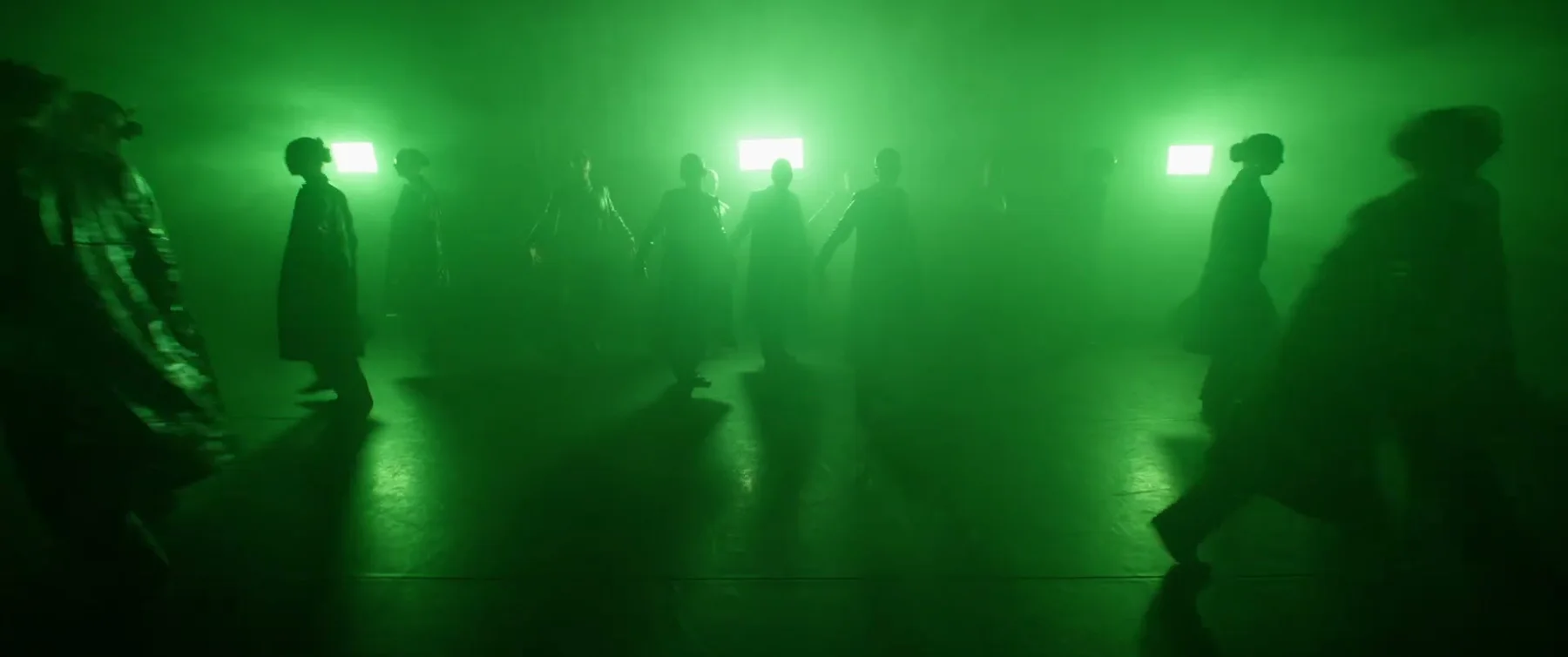 Sockeye 2025 ensemble appears in silhouette through green stage haze.
