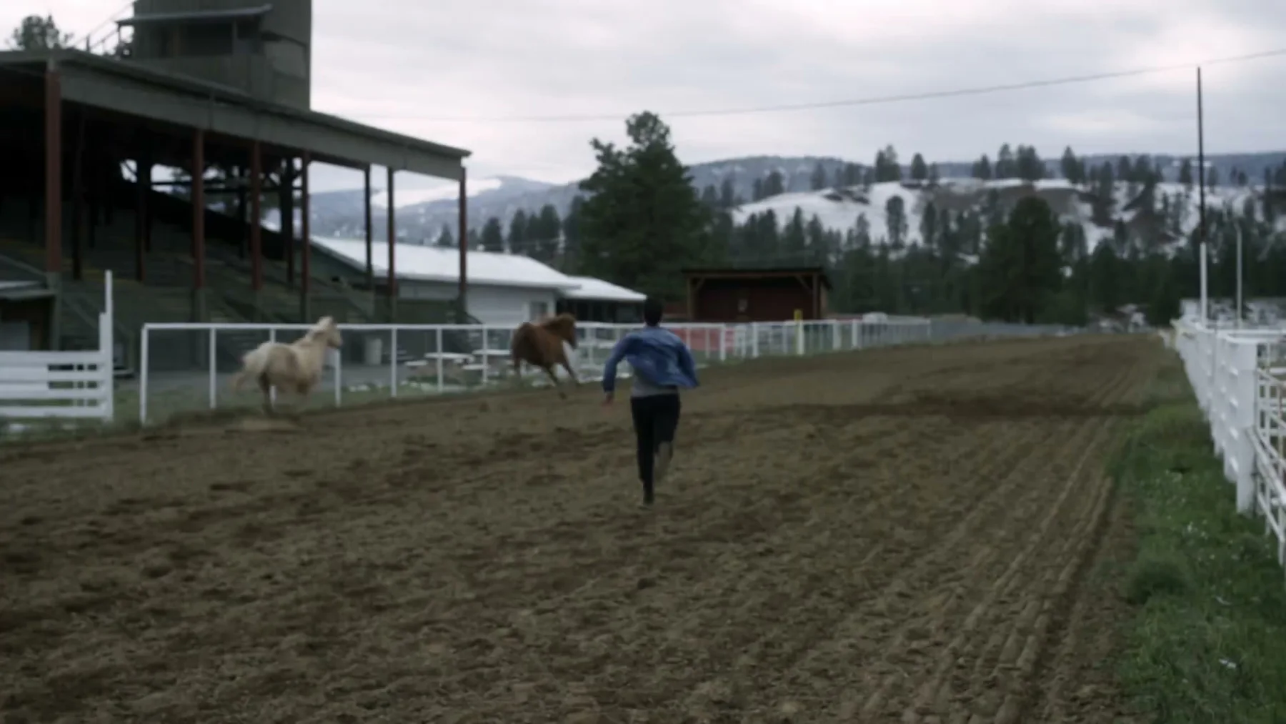 A man runs across a riding arena toward two horses.